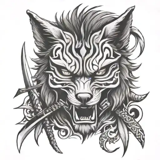 wolf, half oni mask merged with katana sword tattoo design idea