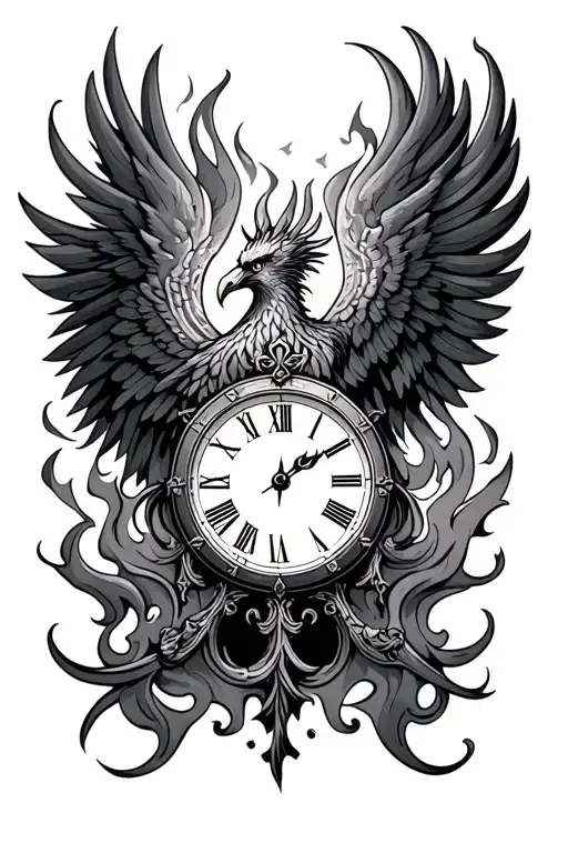 Clock burning with phoenix tattoo design idea