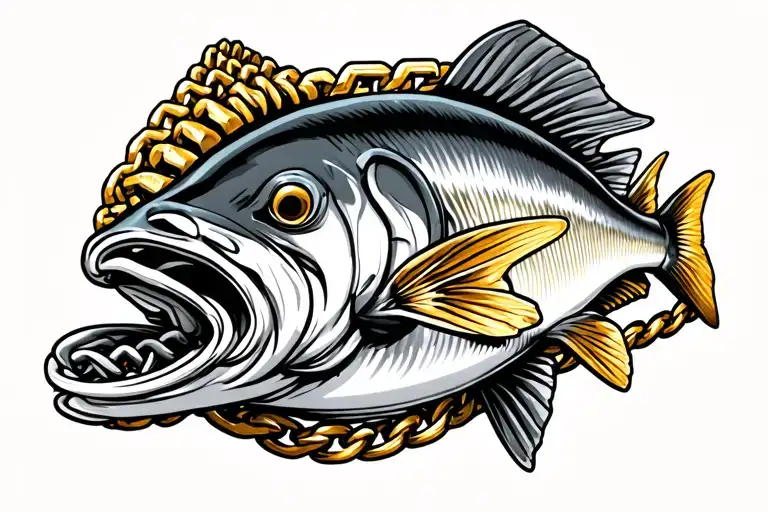 snook fish wearing gold chain on neck tattoo design idea