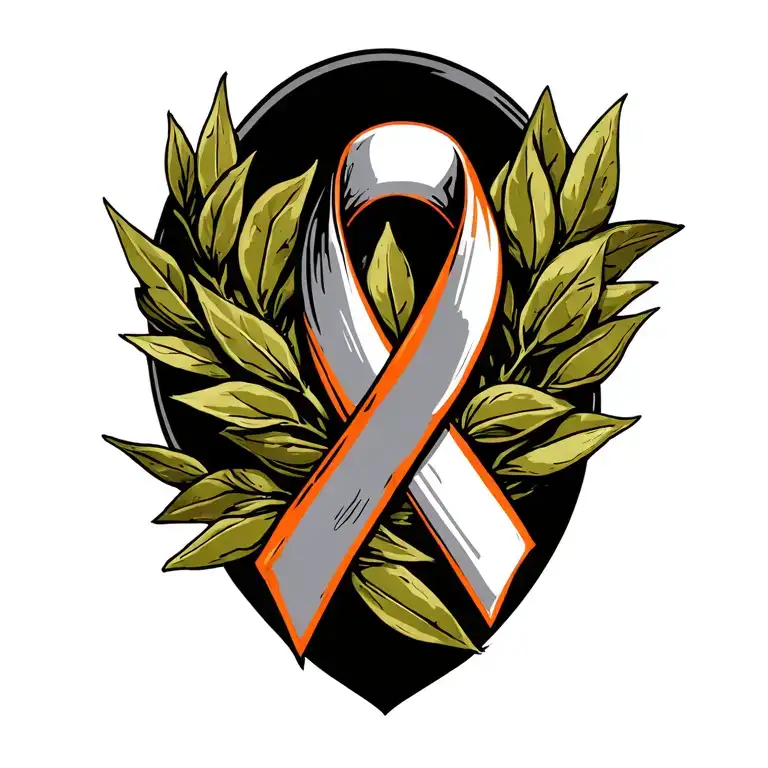 orange cancer ribbon wrapped around olive branch intertwined tattoo design idea