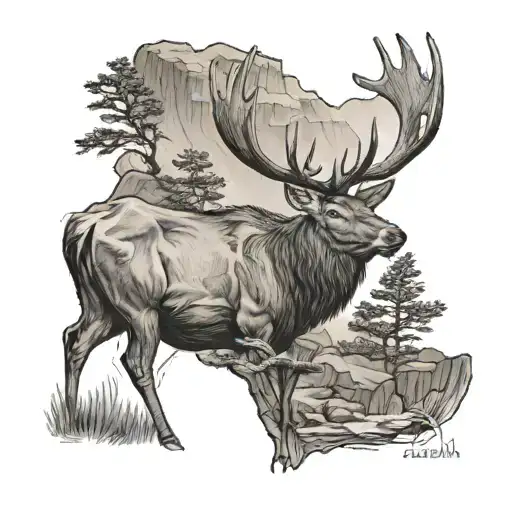 an ankle tattoo around the ankle, 360 degrees starts with bull elk and continues with grand canyon, colorado river  tattoo design idea