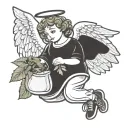 ANGEL CARTOON WITH WINGS, WITH AN INNOCENT FACE, CARRYING A BAG OF MARIJUANA IN HIS HAND tattoo design idea