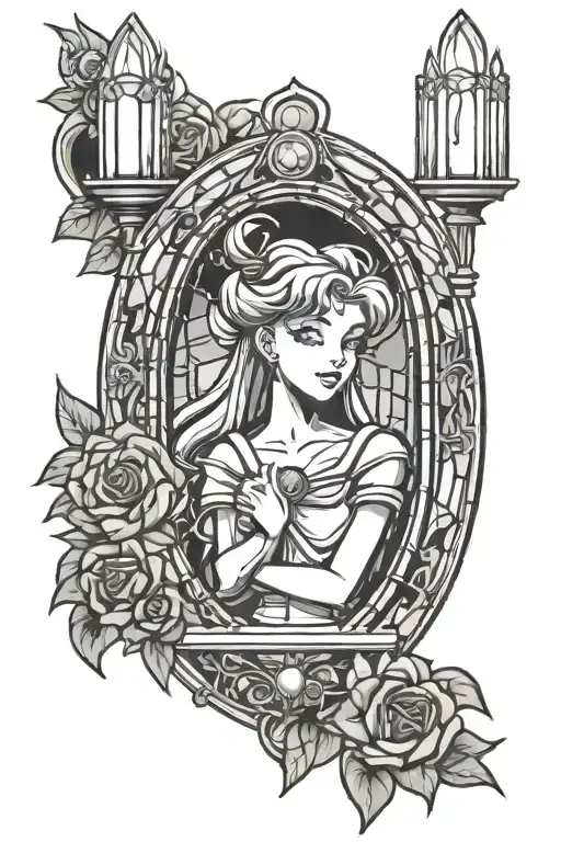 sailor moon stain glass window with candles tattoo design idea