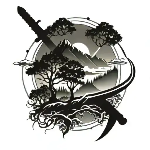 sword and tree and mountain range silhouette tattoo design idea