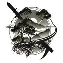 sword and tree and mountain range silhouette tattoo design idea