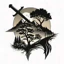 sword and tree and mountain range silhouette tattoo design idea