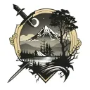 sword and tree and mountain range silhouette tattoo design idea