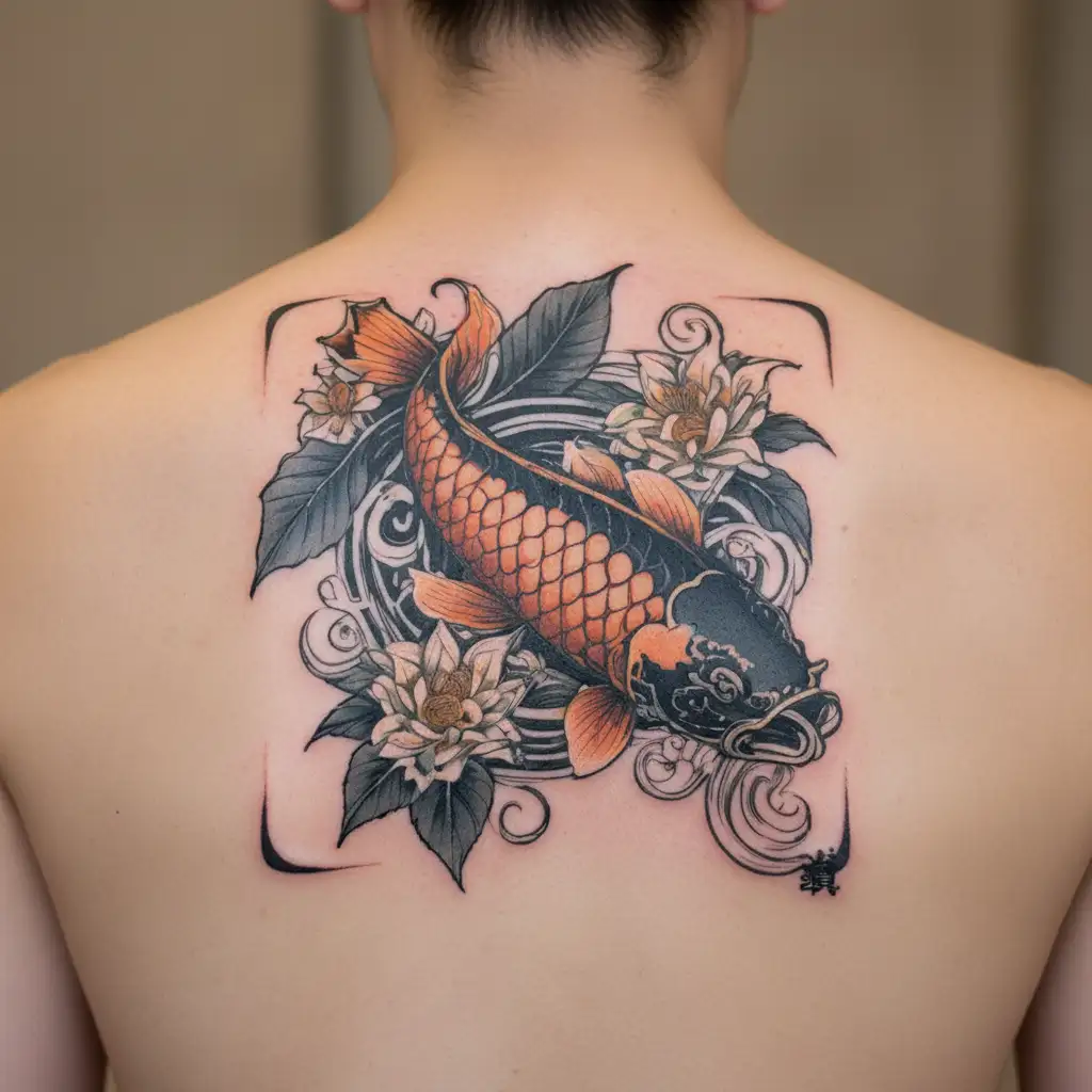 a koi fish surrounded by a flower engulfed in human ribs  tattoo design idea