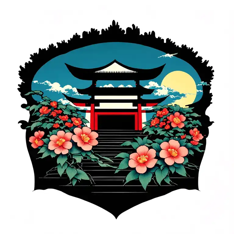 Japanese sun, Shinto shrine and flowers in a wood block print style. top center of back tattoo design idea