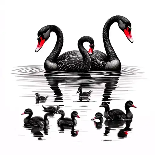 two black swans facing each other swimming gently with several ducklings tattoo design idea