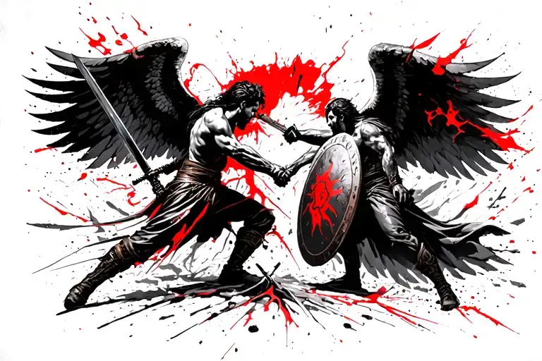 Arcangel Miguel fighting sword and shield against Belsebu Angel, in the sky in a hostile atmosphere. tattoo design idea