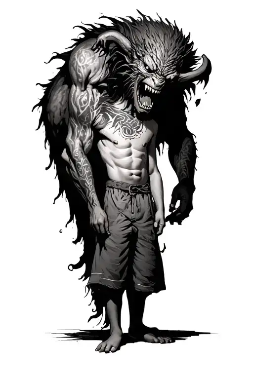 A Boy Standing With A big Scary Demon Wrapped Around Him tattoo design idea
