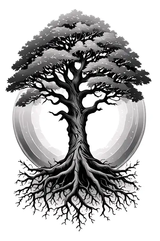 Oak tree that looks like the tree of life with the words, loyalty, devotion, compassion and honesty written in the roots tattoo design idea