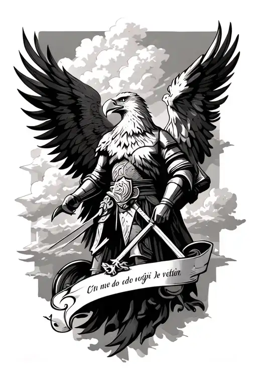 Albanien Eagle and a Knight and a writing Unë e meritoj gjithë botën, dhe do t’ja marr vetë. and cloud background tattoo design idea