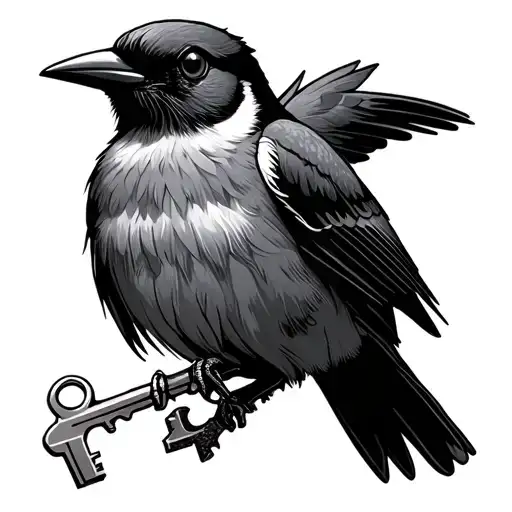 curious magpie holding a key tattoo design idea