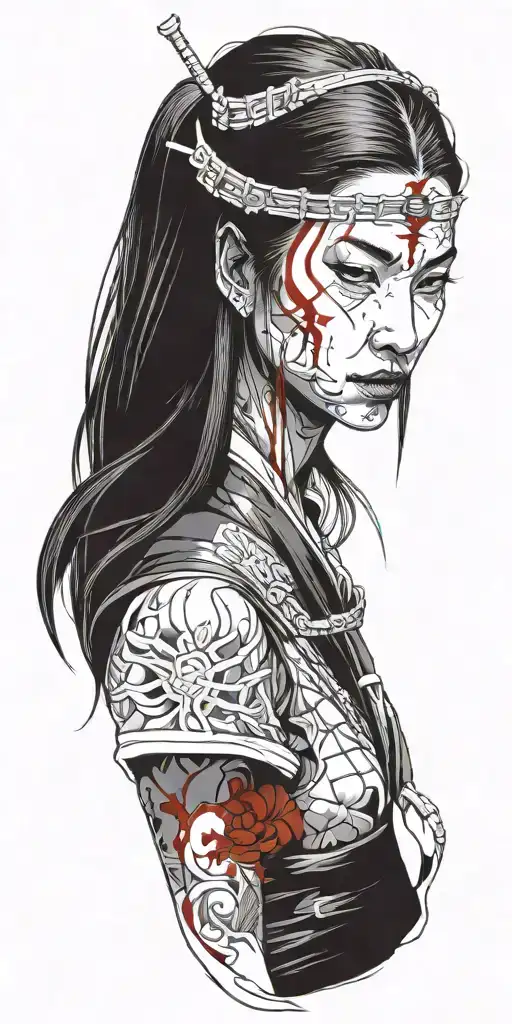 Half body samurai woman with blood on her face tattoo design idea