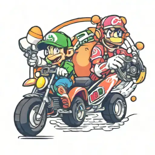 mariokart style black hilux kart with peach character sitting in it holding a red shell, yoshi character in background tattoo design idea