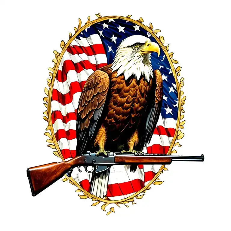 A patriotic bald eagle perched on a rifle with an American flag in the background tattoo design idea