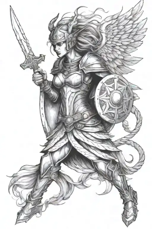 valkyrie with wings and in armor with a spear and shield tattoo design idea