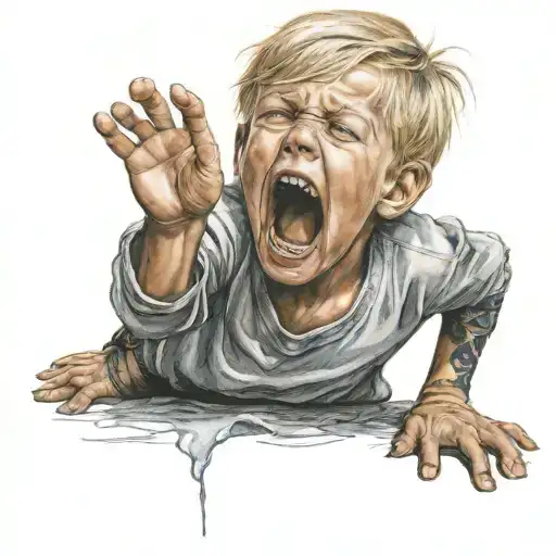 child 8 years old, shouting desesperatly, sad, hangry, european, blond hair, boy tattoo design idea