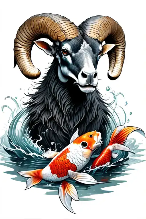 ram with 2 koi fish circling the ram water background tattoo design idea