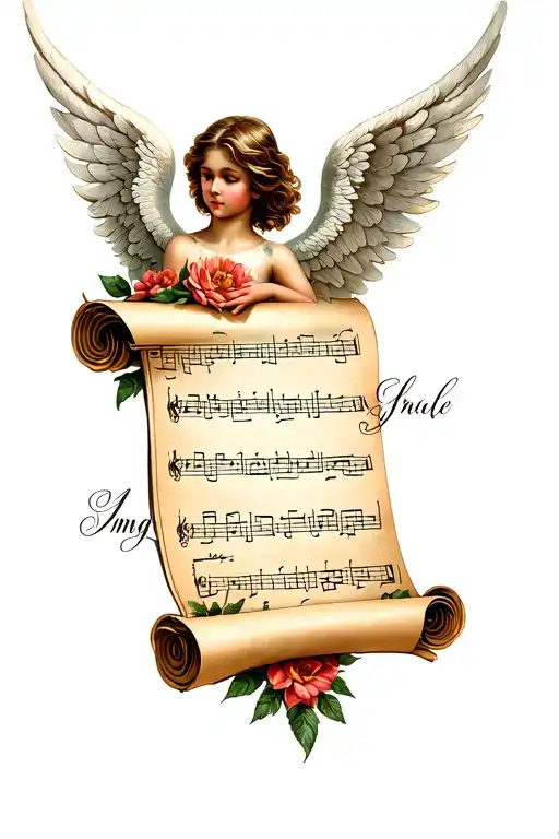 Angel wing wrappingaround protecting a scroll of sheet music for amazing grace accents of flowers represent love lost tattoo design idea