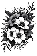 poisonous flowers with negative space arm sleeve with spiderwebs, gothic tattoo design idea
