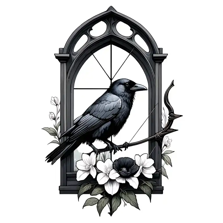 Gothic window with a raven perched on a bow and arrow with narcissus and poppy flowers tattoo design idea