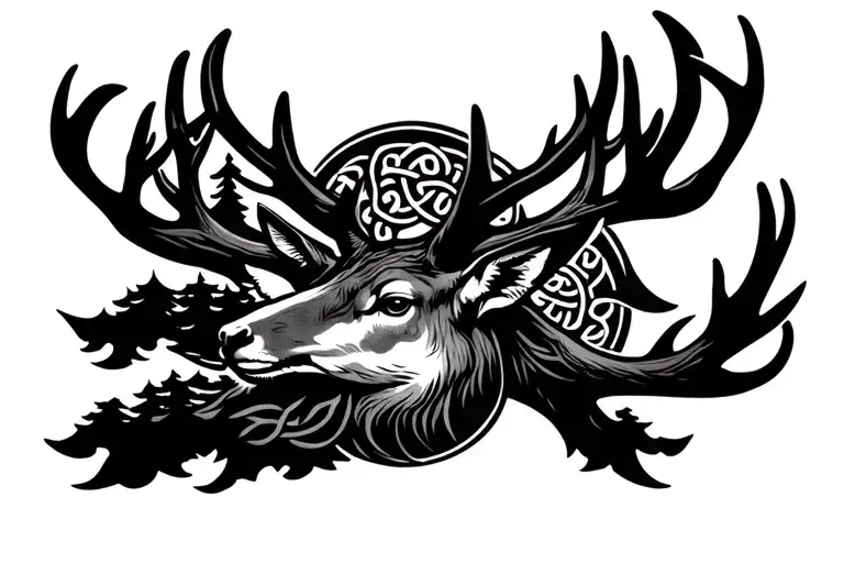 celtic deer head with trees tattoo design idea