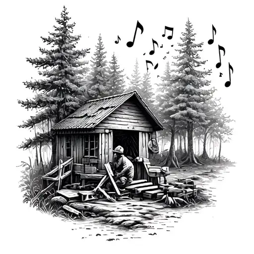 An intricate dotwork tattoo of a carpenter building furniture in a peaceful forest setting with musical notes floating around tattoo design idea