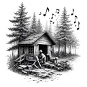 An intricate dotwork tattoo of a carpenter building furniture in a peaceful forest setting with musical notes floating around tattoo design idea