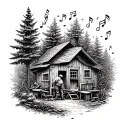 An intricate dotwork tattoo of a carpenter building furniture in a peaceful forest setting with musical notes floating around tattoo design idea
