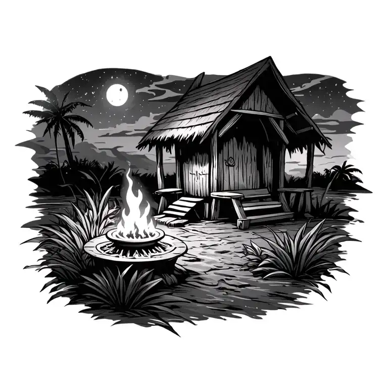 tiki hut with a fire pit outside in the noght sky with stars around the swamps tattoo design idea