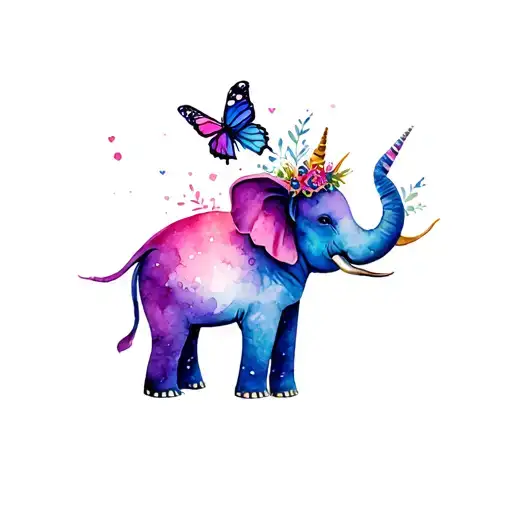 elephant with a unicorn on its back and a butterfly on the trunk tattoo design idea