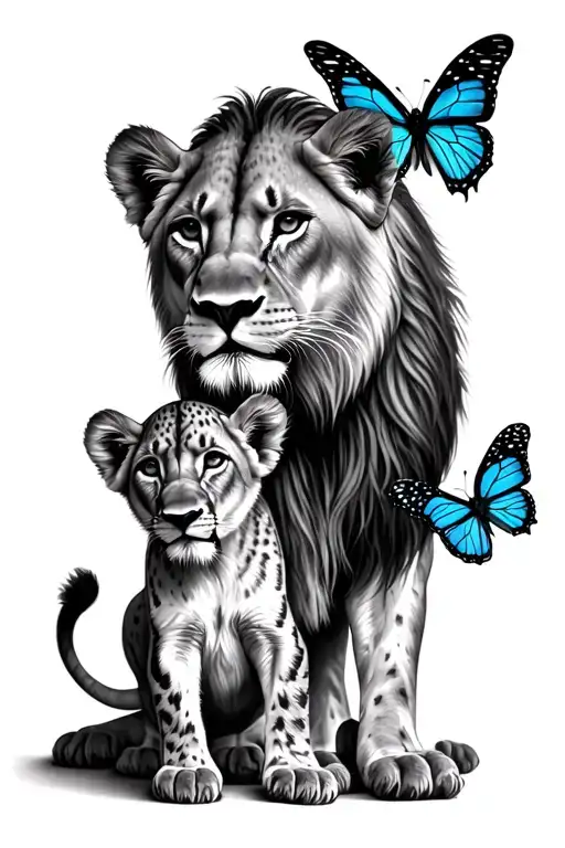 lioness and cub realistic with three butterflies symbolising miscarriages tattoo design idea