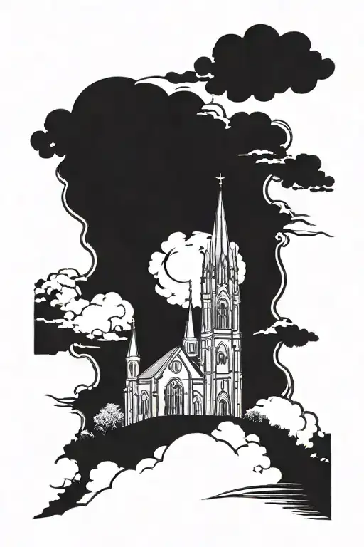 gothic church towers with background filler clouds landscape tattoo design idea
