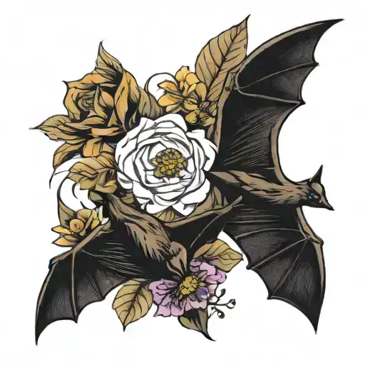 brown fruit bat and black flying bat with flowers in between for filler tattoo design idea