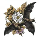 brown fruit bat and black flying bat with flowers in between for filler tattoo design idea