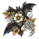brown fruit bat and black flying bat with flowers in between for filler tattoo design idea