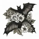 brown fruit bat and black flying bat with flowers in between for filler tattoo design idea