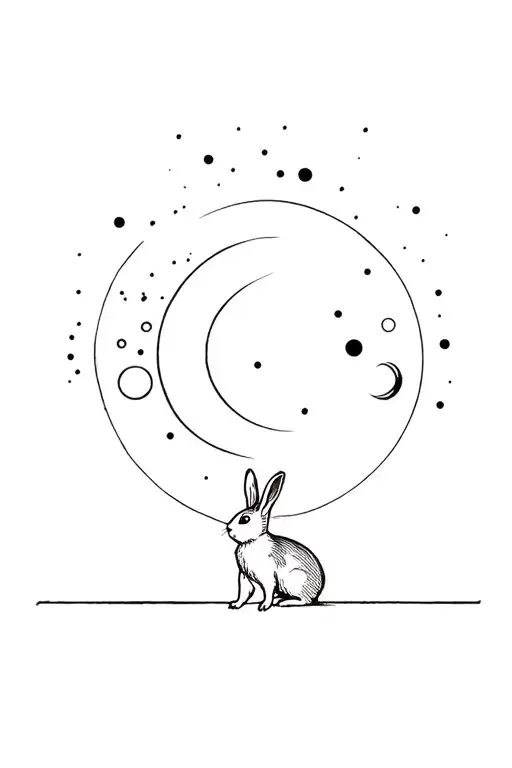 rabbit standing while their nose touches the moon phases tattoo design idea