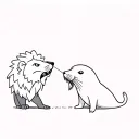 A cute seal and a menacing lion interact with each other  tattoo design idea