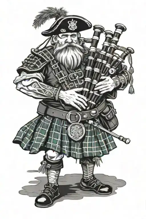 Celtic wounded warrior playing the bag pipes wearing the Waugh tartan kilt tattoo design idea