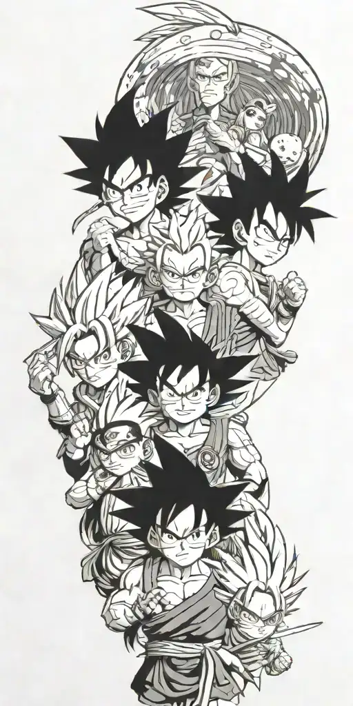 Straw Hat Pirates, Goku, Vegeta, Super Saiyan 2 Teen Gohan, Naruto, Kurama, and Ichigo tattoo design idea