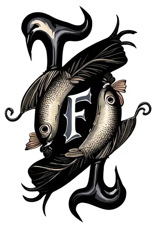 Two fishing hooks with one F above tattoo design idea