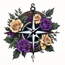 intermixed roses, honeysuckle, holly.  no green.  yes purple, tan, grey.  surrounded by a nautical compass with a anchor tattoo design idea