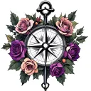 intermixed roses, honeysuckle, holly.  no green.  yes purple, tan, grey.  surrounded by a nautical compass with a anchor tattoo design idea