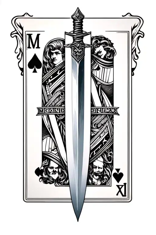 Create a minimalist forearm tattoo of a dagger, MCMLXX, Letter V, Alexander the Great, and Joker Card tattoo design idea