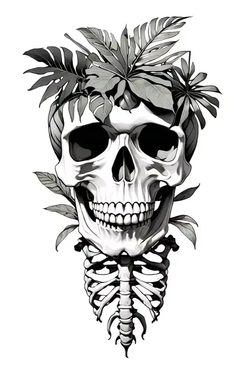 Skull and ribcage surrounded by tropical plants growing tattoo design idea