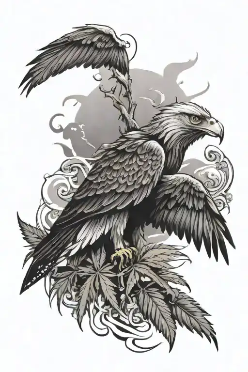 cannabis leaves and ocean waves and eagle tattoo design idea